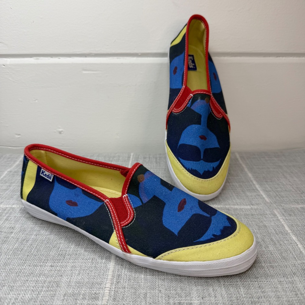 Keds Women's 7.5‎ Custom Pattern Womans Face Art Blue Yellow Flats Slip On